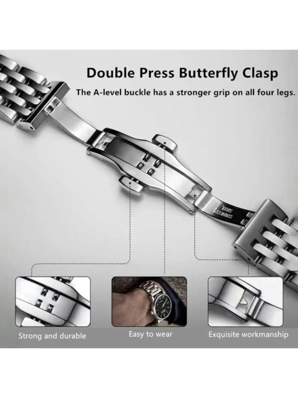 Universal Stainless Steel Watch Band - 14mm to 24mm Adjustable Metal Strap for